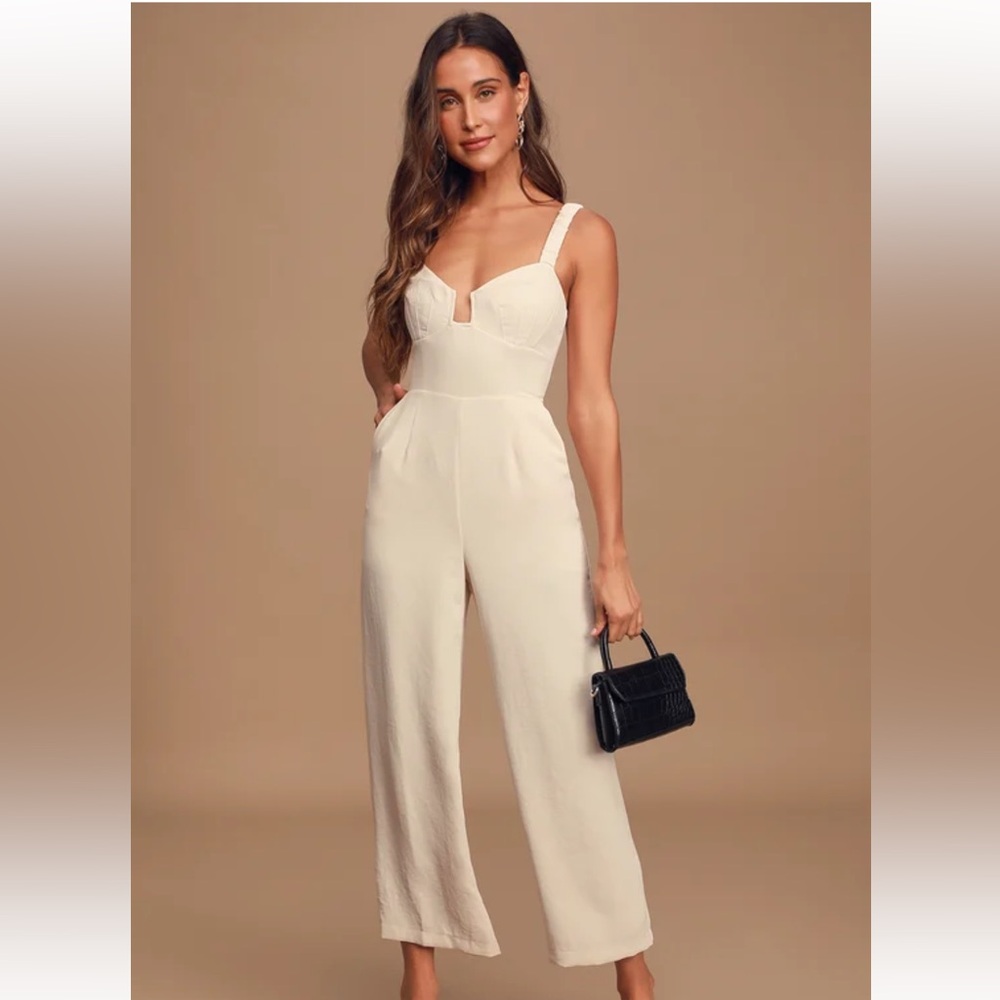 Women’s Cream Wide-Leg Jumpsuit with Sweetheart Neckline